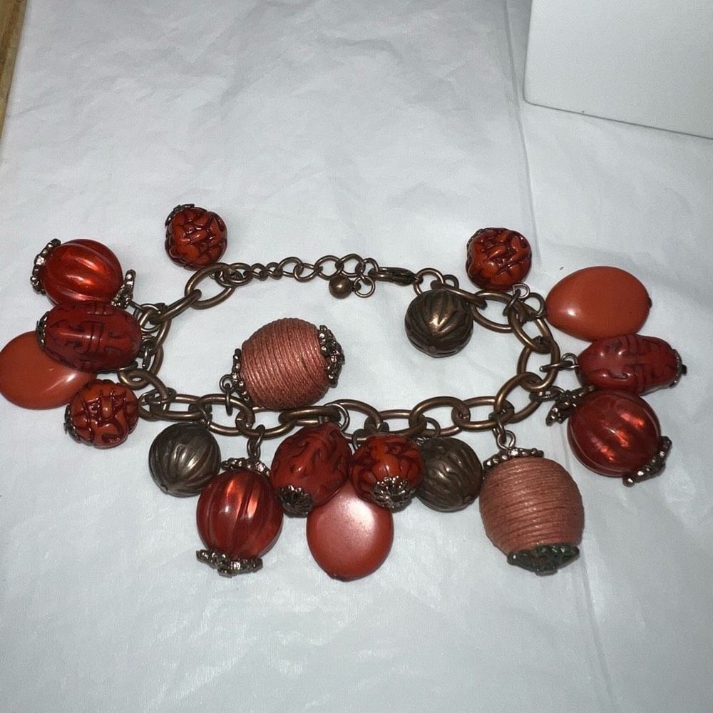 Vintage Glass and‎ Raffia Bead Charm Bracelet